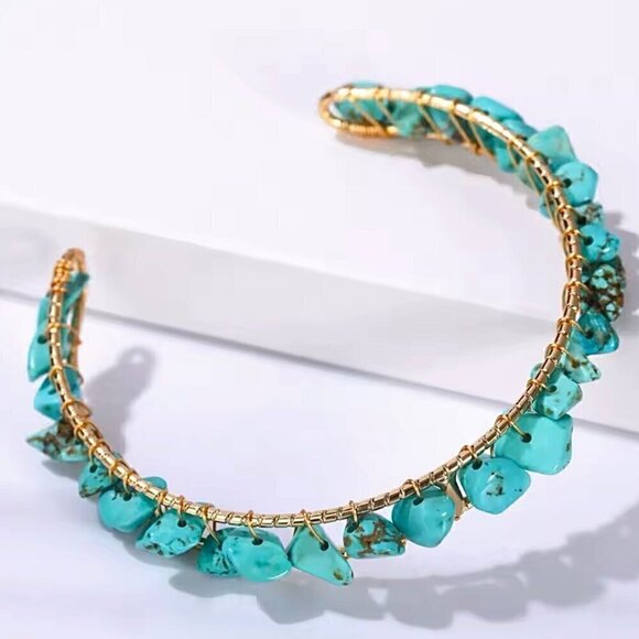 NEW Hand Crafted Turquoise Beaded Cuff Bracelet 14K Gold Plated Boho Western - Picture 1 of 8
